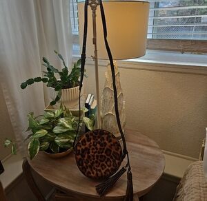Patricia Nash Leopard Calf Hair Round Crossbody Bag with Tassel - Brown Black